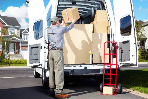 Packed moving boxes and home relocation supplies